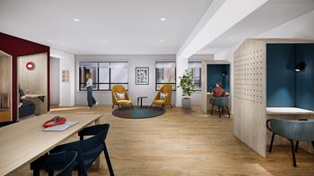 a rendering of a communal area with chairs and tables